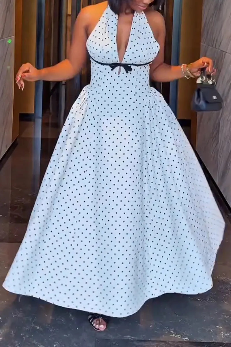 Women's Elegant Halter Polka Dot A Line Maxi Dress