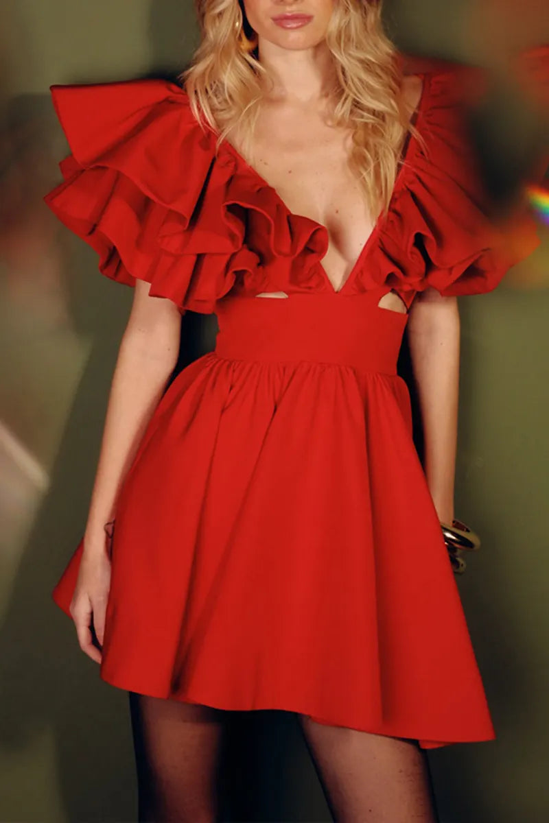 Women's Fashion Flounce-Sleeve V-Neck Mini Dress