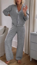 Women V-neck Casual Solid Color Set