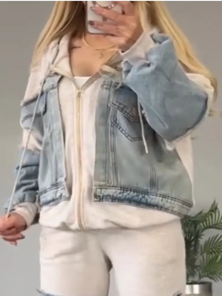 Women Collared Patchwork Denim Casual Suit