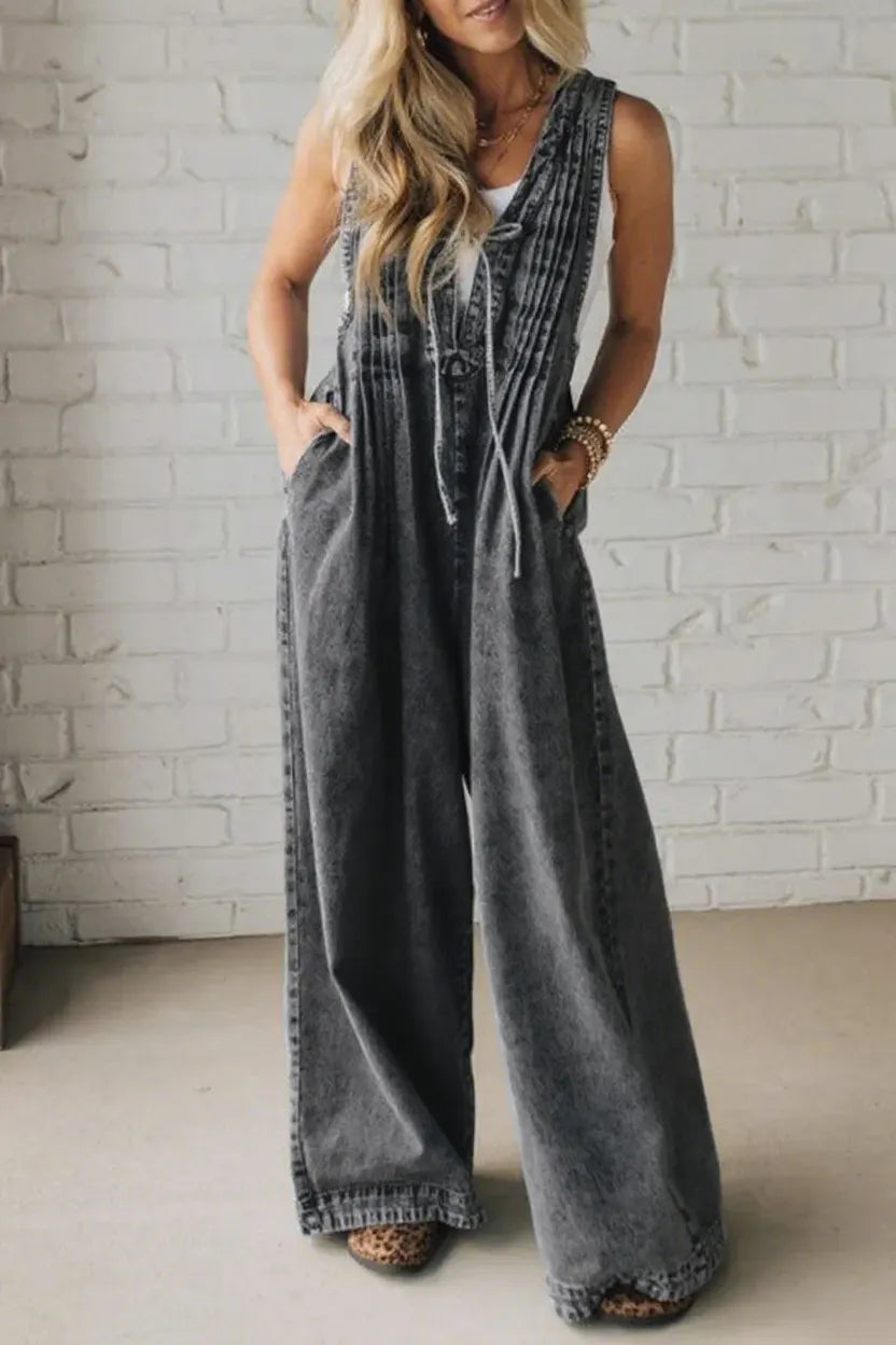 Ladies' Shoulder Strap Hollow Splicing Pleated Casual Jumpsuit
