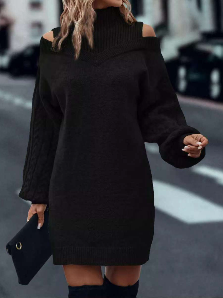 ( In stock)Women Half High Neck Off-Shoulder Long Sleeve Knitted Dress