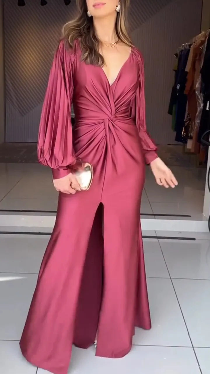 Womens V-neck Pleated Slit Elegant Temperament Dress