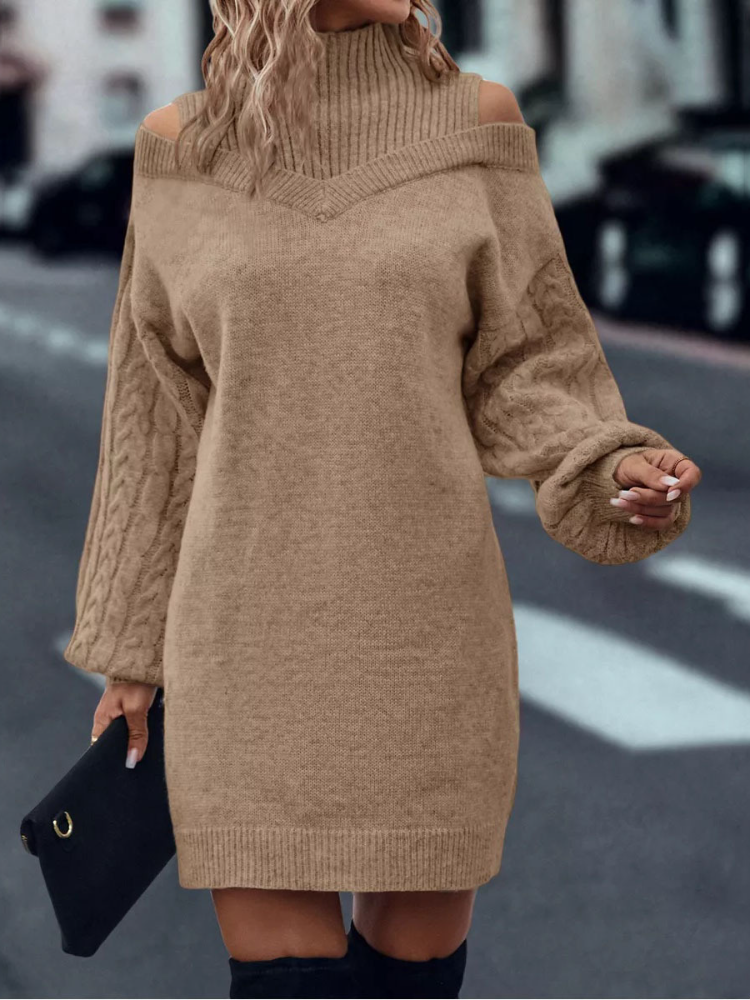 ( In stock)Women Half High Neck Off-Shoulder Long Sleeve Knitted Dress