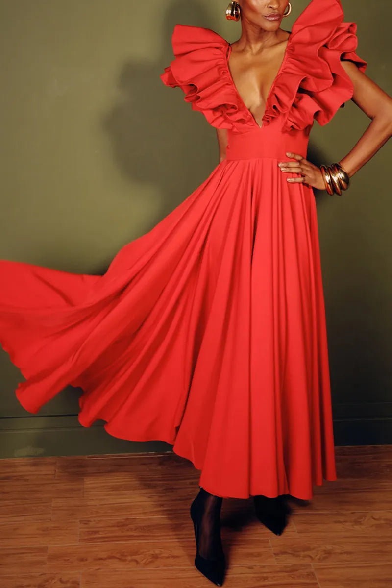 Women's Fashion Flounce Sleeve V Neck Maxi Dress