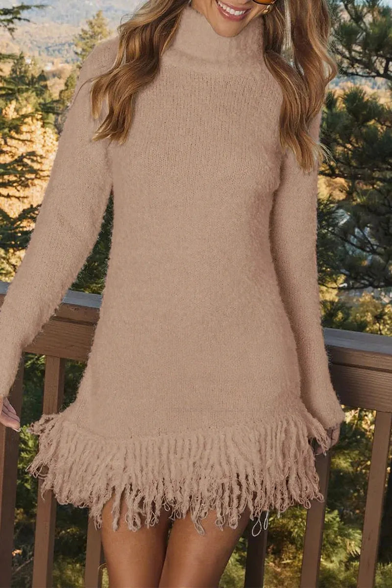 ( In stock)Women Turtleneck Tassel Knitted Sweater Dress