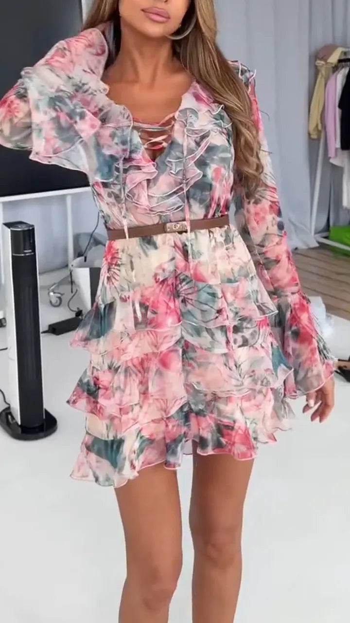 Women V-neck Long Sleeved Patchwork Print Elegant Casual Dress