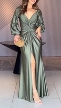 Womens V-neck Pleated Slit Elegant Temperament Dress