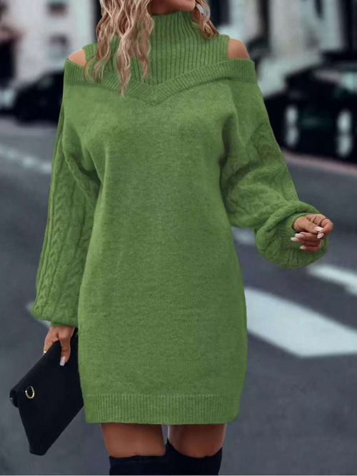 ( In stock)Women Half High Neck Off-Shoulder Long Sleeve Knitted Dress