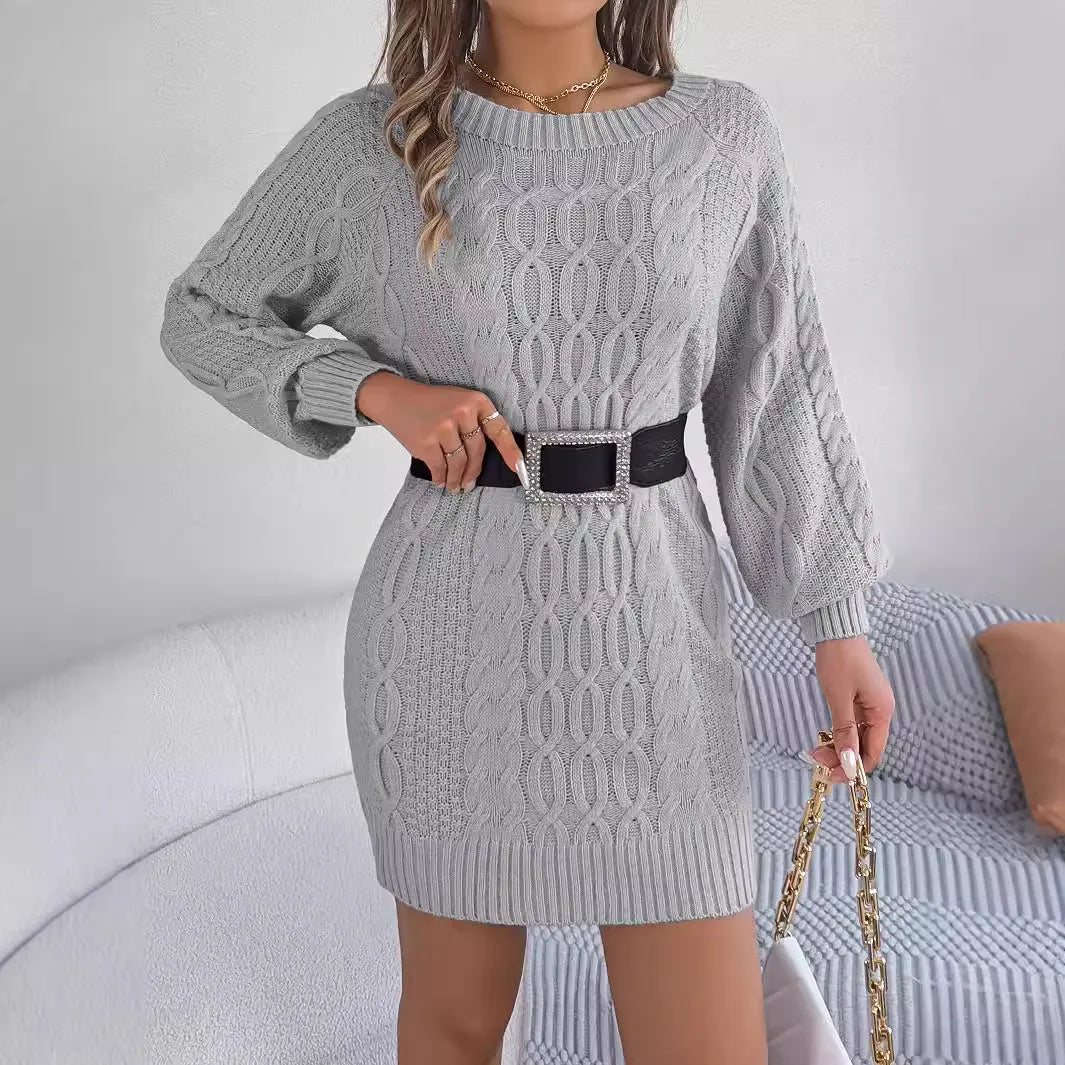 ( In stock)Women Round Neck Solid Color Lantern Sleeve Straight Sweater Dress