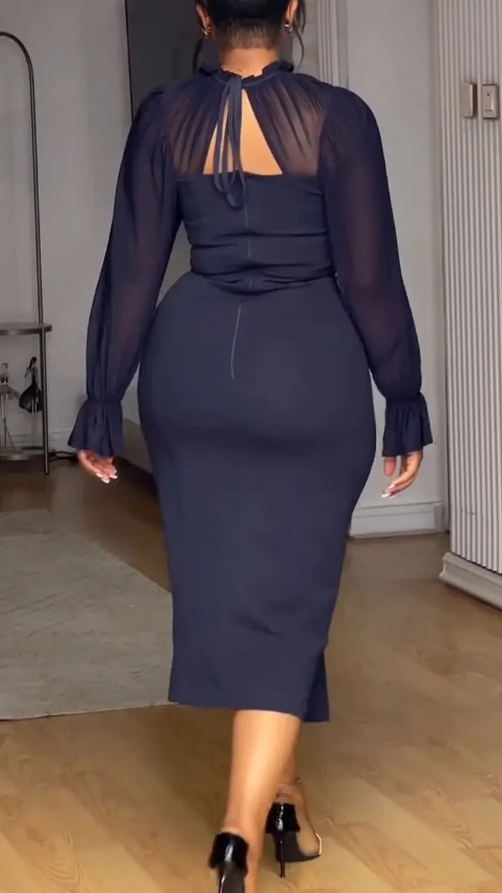 Womens Round Neck Double Breasted Patchwork Elegant Casual Dress