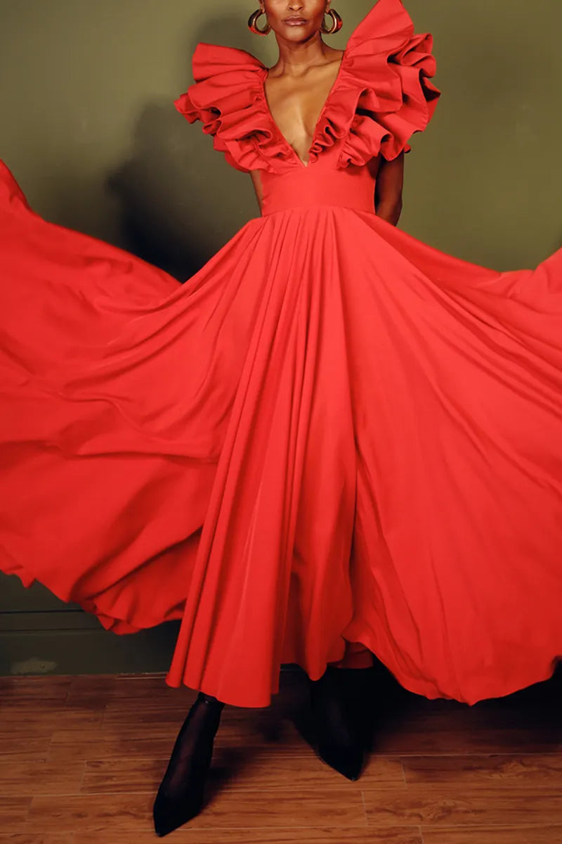Women's Fashion Flounce Sleeve V Neck Maxi Dress