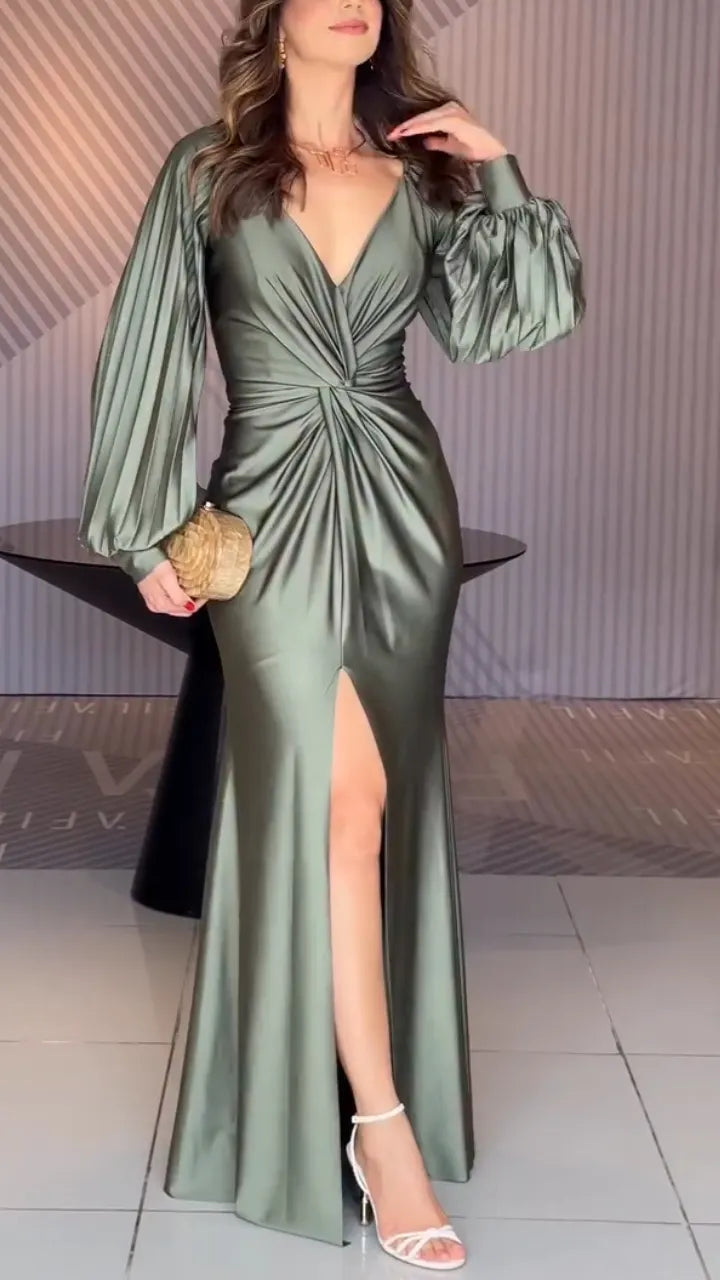 Womens V-neck Pleated Slit Elegant Temperament Dress