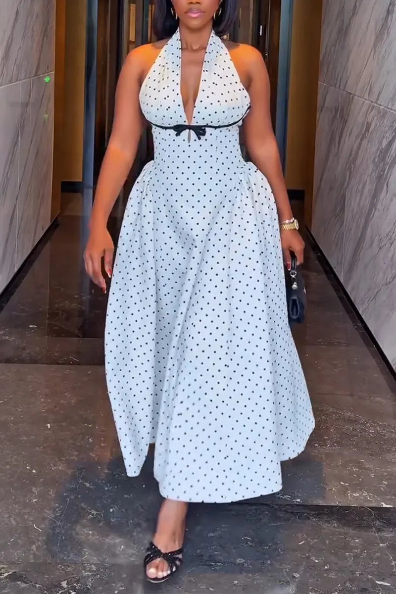 Women's Elegant Halter Polka Dot A Line Maxi Dress